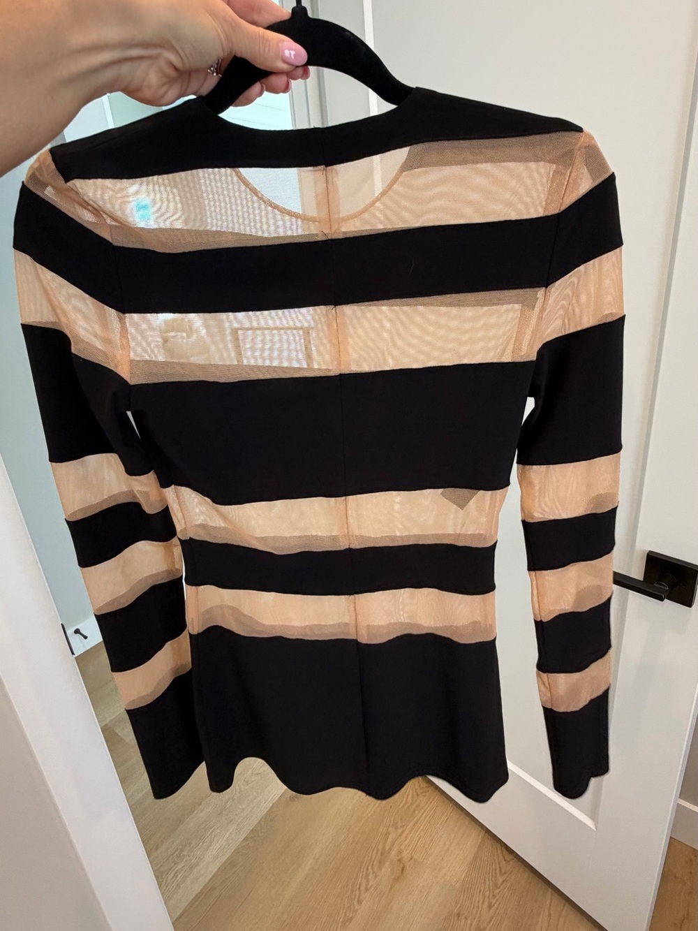 Norma Kamali Spliced Striped Black and Nude Long Sleeve Sheer Top - Picture 4 of 6